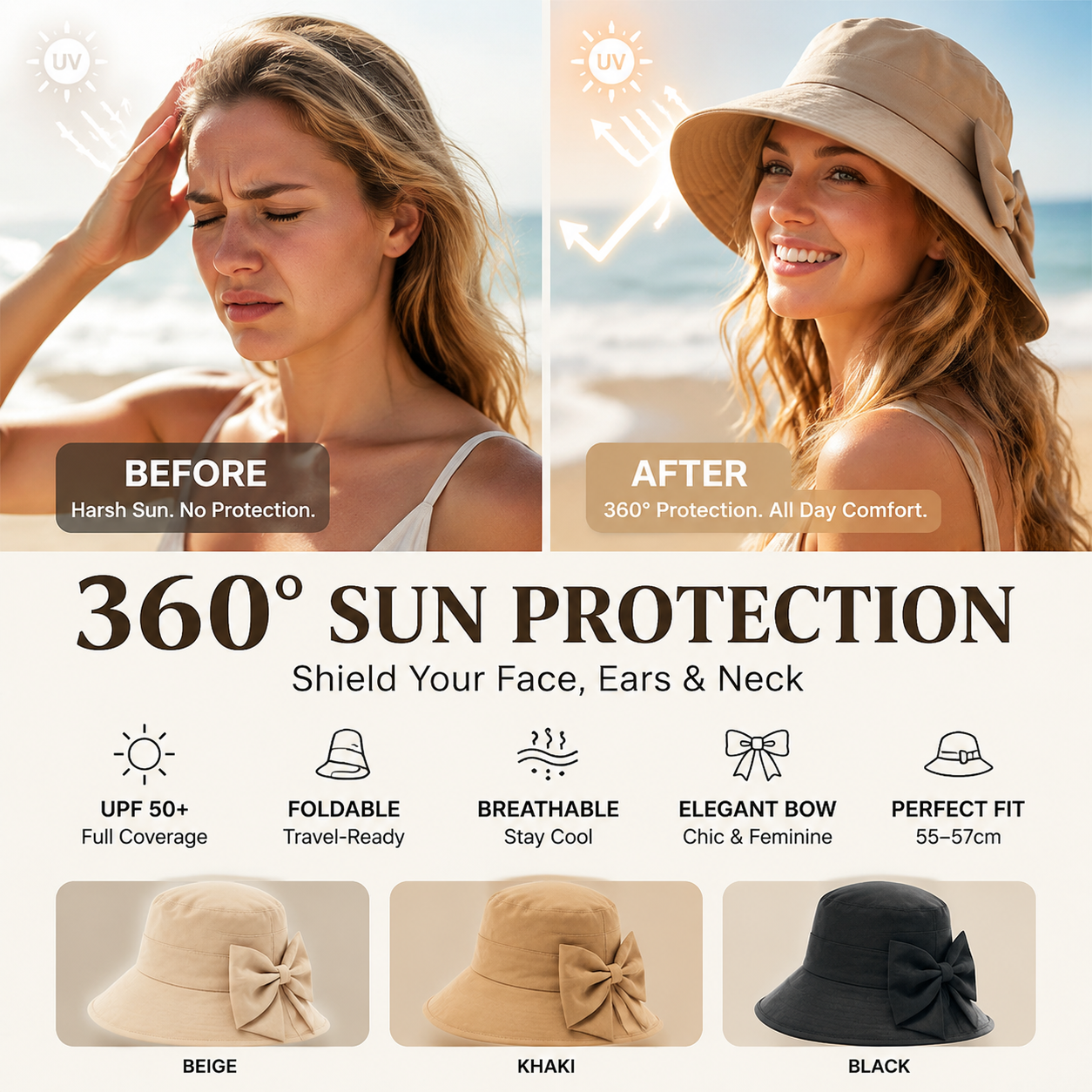 A white women's wide brim sun hat with a bowknot from Arenzza, foldable design, providing 360° sun protection.
