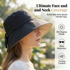 Aarenza women's wide brim sun hat with a bowknot, foldable design, offering 360° sun protection in a stylish fashion accessory.