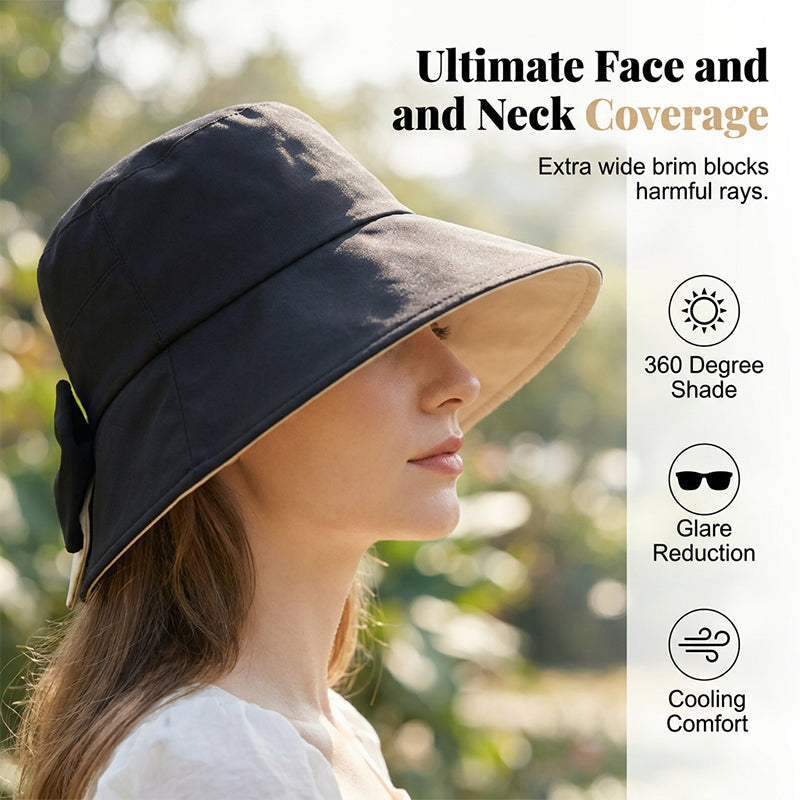 Aarenza women's wide brim sun hat with a bowknot, foldable design, offering 360° sun protection in a stylish fashion accessory.