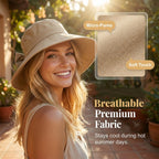 Aarenza women's wide brim sun hat with bowknot detail, foldable design, offering 360° sun protection, in a stylish outdoor setting.
