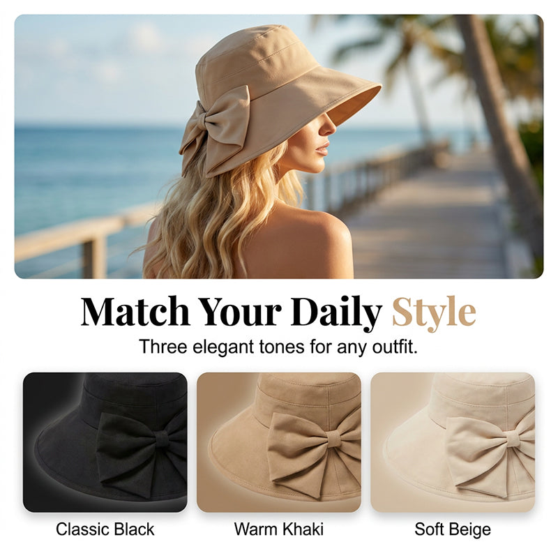 Aarenza women's wide brim sun hat with bowknot detail, foldable design, offering 360° sun protection, in a stylish clothing accessory.