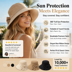 A women’s wide brim sun hat with a bowknot, foldable design, providing 360° sun protection, from Arenzza.