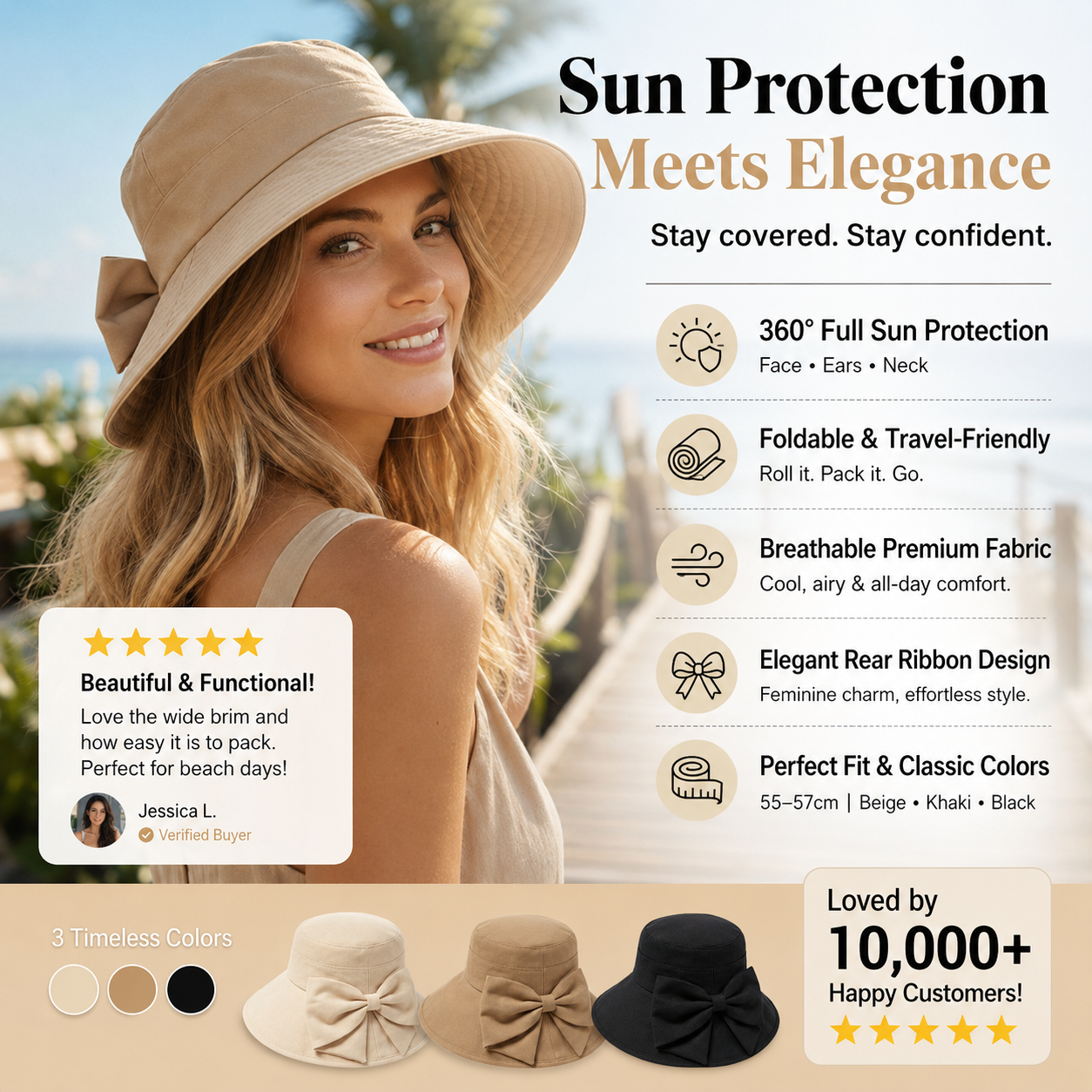 A women’s wide brim sun hat with a bowknot, foldable design, providing 360° sun protection, from Arenzza.
