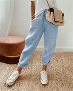 Arenzza ankle-length cotton linen pants with high-waisted fit, breathable fabric, stylish for women, shown on a model.