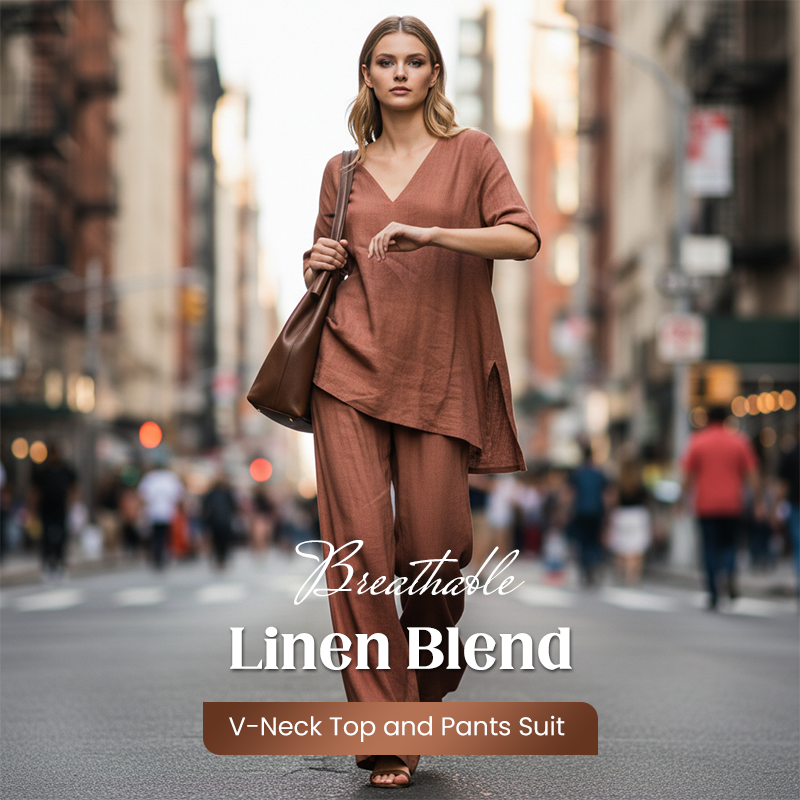 A woman wearing a breathable linen blend V-neck top and matching pants suit by Arenzza, showcasing casual and comfortable clothing.