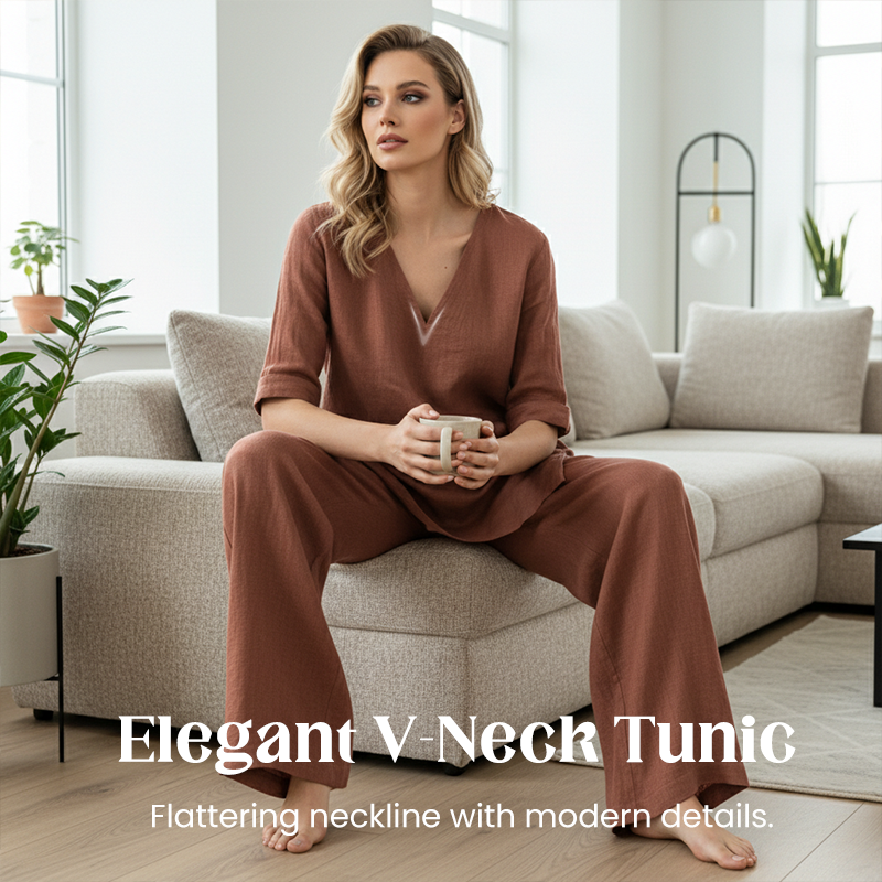 Aarenza breathable linen blend V-neck top and matching pants suit, lightweight and stylish for casual wear.