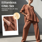 Aarenza breathable linen blend V-neck top and matching pants suit, featuring lightweight fabric and relaxed fit for comfortable wear.