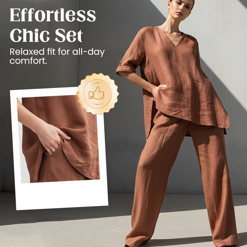 Aarenza breathable linen blend V-neck top and matching pants suit, featuring lightweight fabric and relaxed fit for comfortable wear.