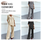 Aarenza breathable linen blend V-neck top and matching pants suit, light and comfortable clothing set for casual wear.
