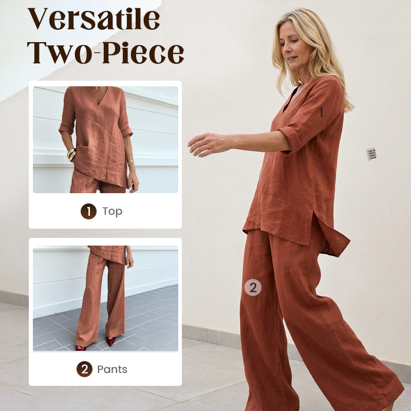 Aarenza breathable linen blend V-neck top and matching pants suit in a relaxed fit, displayed on a white background.