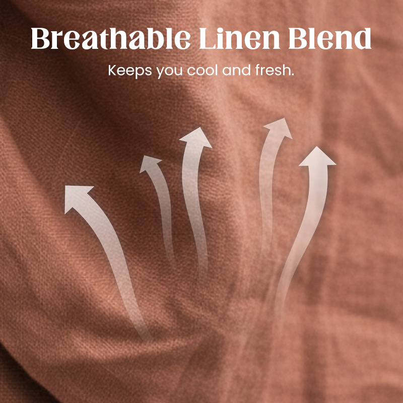 Aarenza breathable linen blend V-neck top and matching pants suit, featuring a relaxed fit and light, airy fabric.