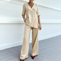 Aarenza breathable linen blend V-neck top and matching pants suit, light and comfortable clothing set for casual wear.