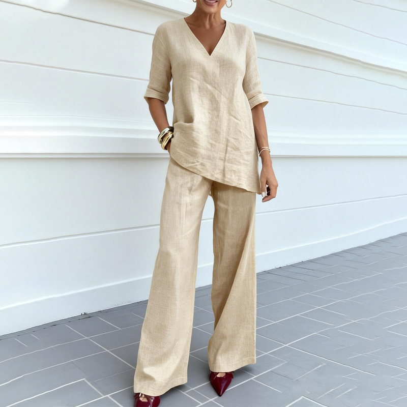 Aarenza breathable linen blend V-neck top and matching pants suit, light and comfortable clothing set for casual wear.