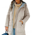 Aarenza solid color hooded slim fit jacket in a neutral tone, displayed on a mannequin, showcasing its sleek design and fitted style.