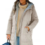 Aarenza solid color hooded slim fit jacket in a neutral tone, displayed on a mannequin, showcasing its sleek design and fitted style.