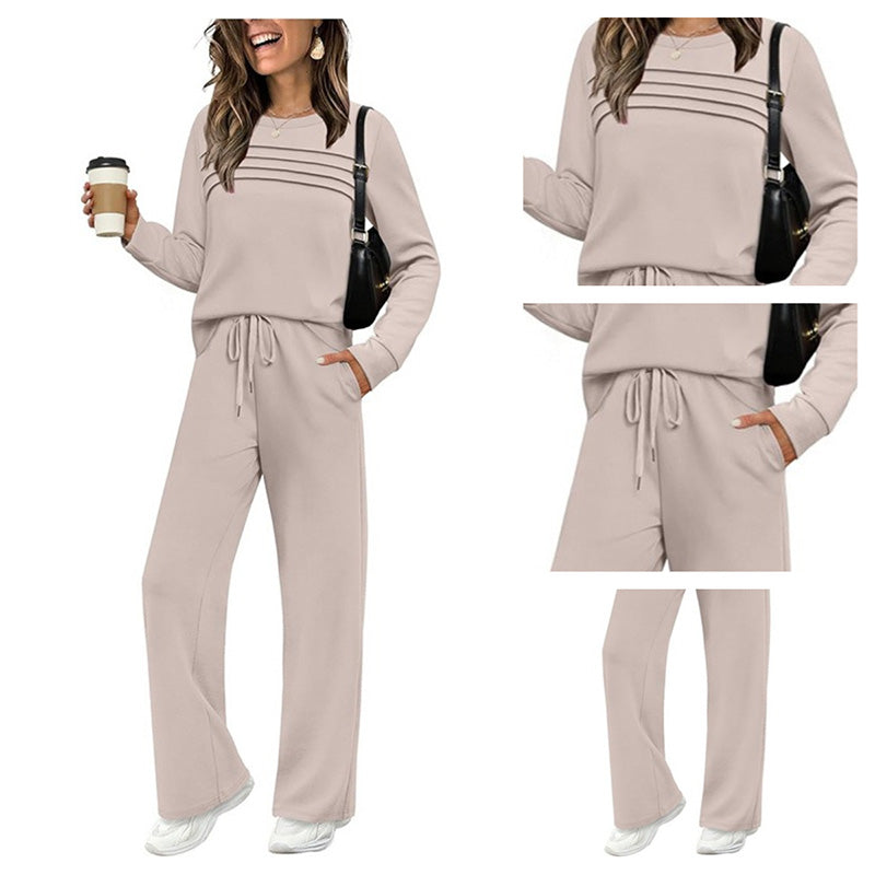 Aarenza women's crew neck top and drawstring pants set in soft fabric, displayed together in a casual clothing outfit.