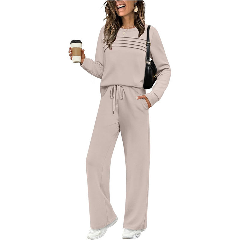 Arenzza women's crew neck top and drawstring pants set in soft fabric, featuring a casual, comfortable fit.