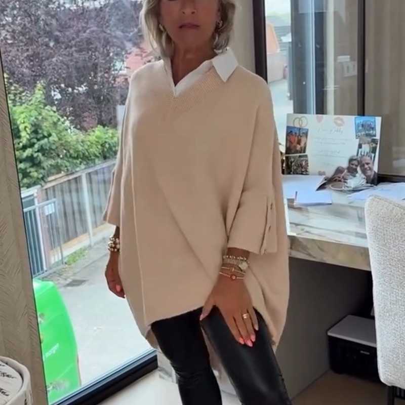 Aarenza women's long-sleeve shirt collar top, stylish and fitted, shown in a neutral color, made of soft fabric for casual or professional wear.