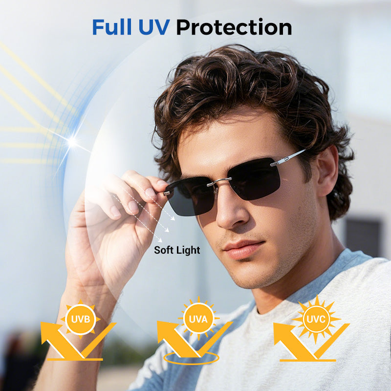 A pair of Arenzza men's frameless polarized sunglasses with high-definition lenses, stylish design, and sleek frame.