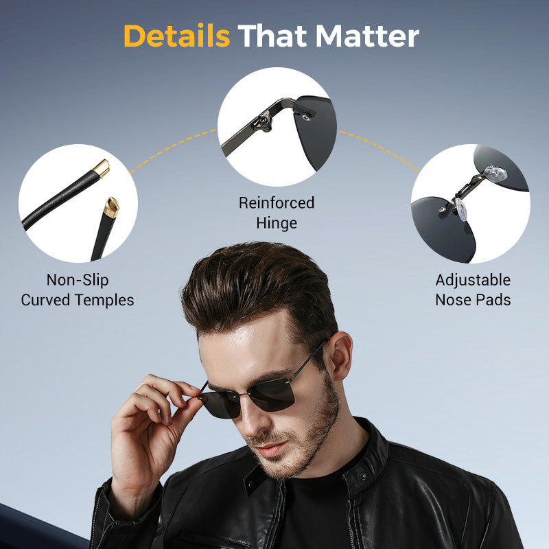 A pair of men's stylish frameless polarized sunglasses by Arenzza with high-definition lenses, shown on a neutral background.