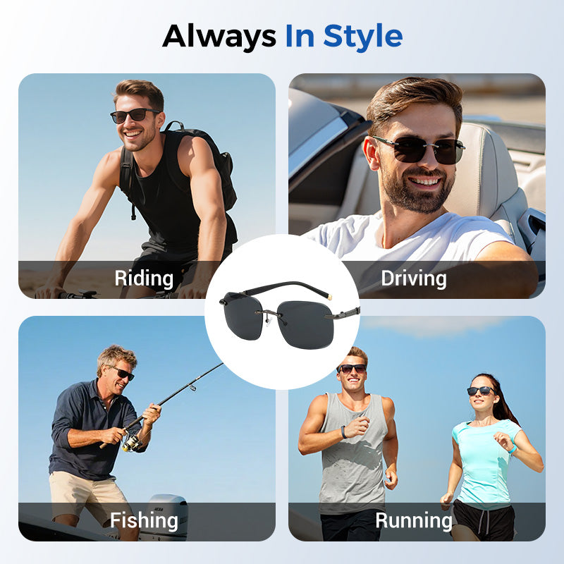 A pair of men's stylish frameless polarized sunglasses by Arenzza with high-definition lenses, displayed on a neutral background.