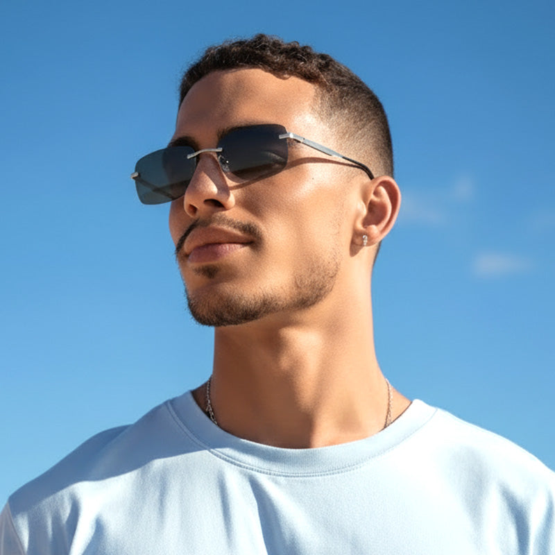 A pair of stylish Arenzza men's frameless polarized sunglasses with high-definition lenses, displayed on a white background.