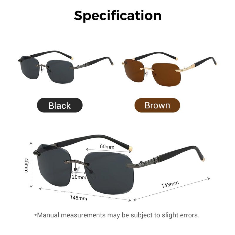 A pair of Arenzza men's frameless polarized sunglasses with high-definition lenses, stylish design, and reflective black frames.