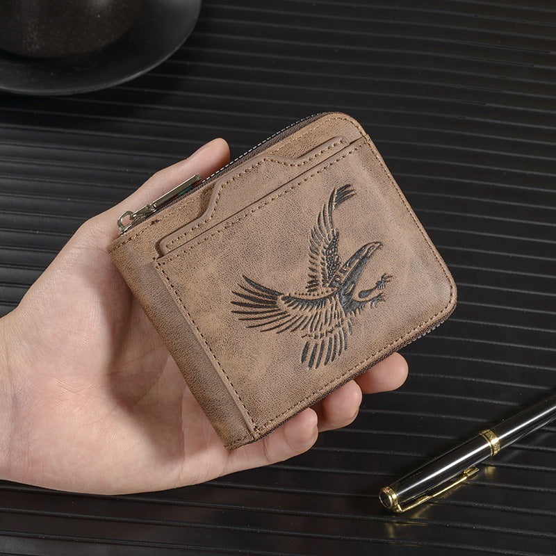 Arenzza men's eagle embossed wallet in black leather, featuring detailed eagle design and multiple card slots.