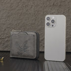 A men's eagle embossed wallet by Arenzza showing textured leather with eagle design and multiple card slots on a neutral background.