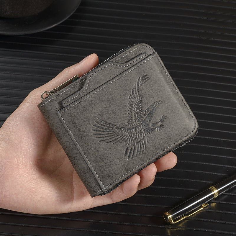 Arenzza men's eagle embossed wallet with textured leather finish, featuring a sleek, stylish design and multiple card slots.