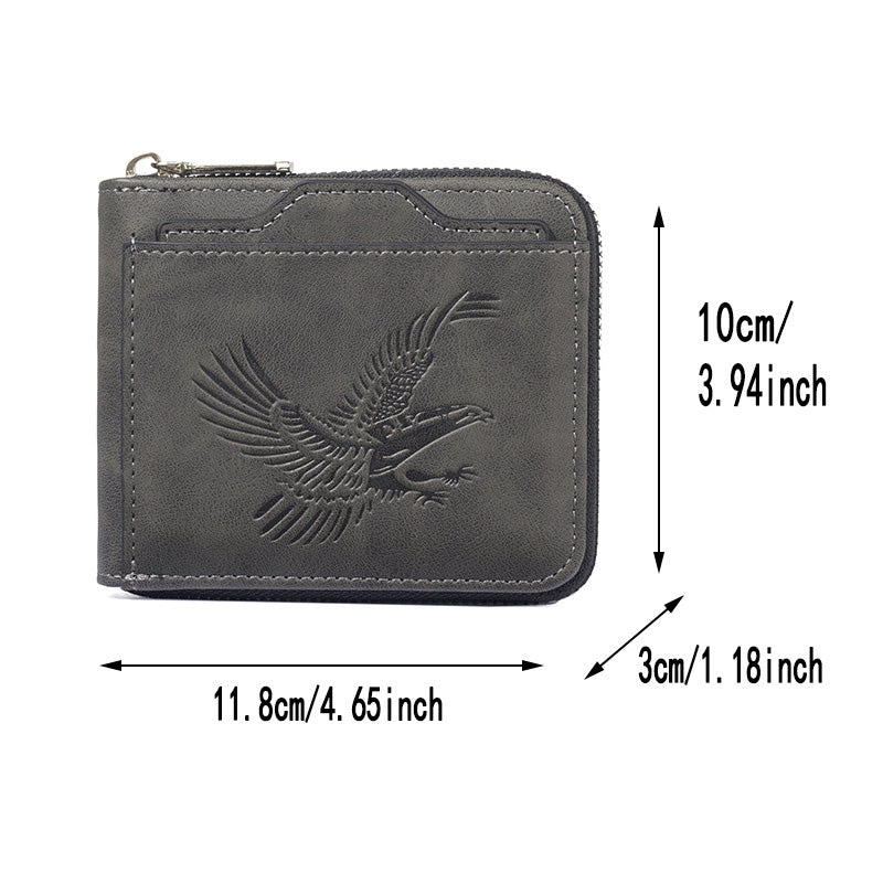 Arenzza men's eagle embossed leather wallet with a sleek design, featuring detailed eagle embossing on a dark brown background.