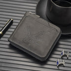 Arenzza men's eagle embossed wallet featuring detailed eagle design on brown leather, showcasing the wallet's textured surface and craftsmanship.