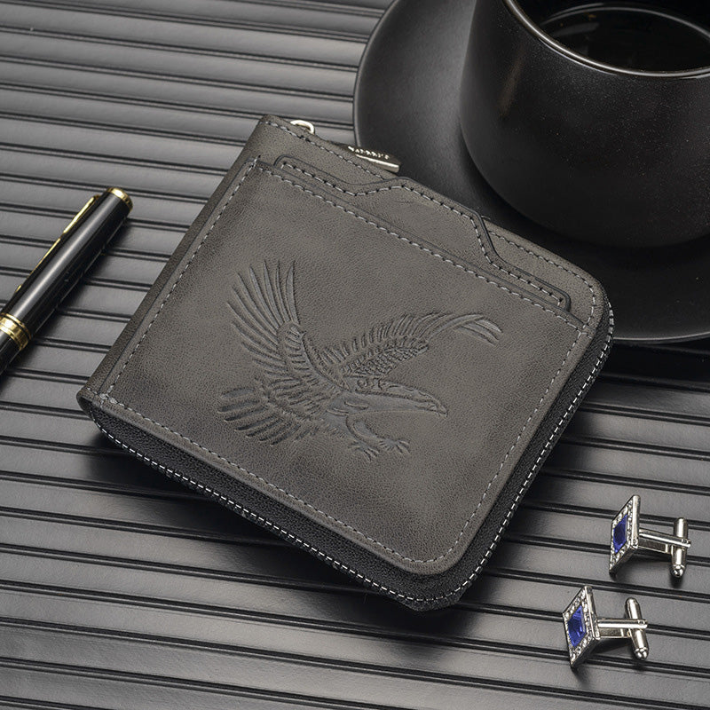 Arenzza men's eagle embossed wallet featuring detailed eagle design on brown leather, showcasing the wallet's textured surface and craftsmanship.