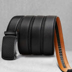 Leather ratchet belt with adjustable buckle from Arenzza, ideal for fathers, featuring a sleek black leather strap and modern design.