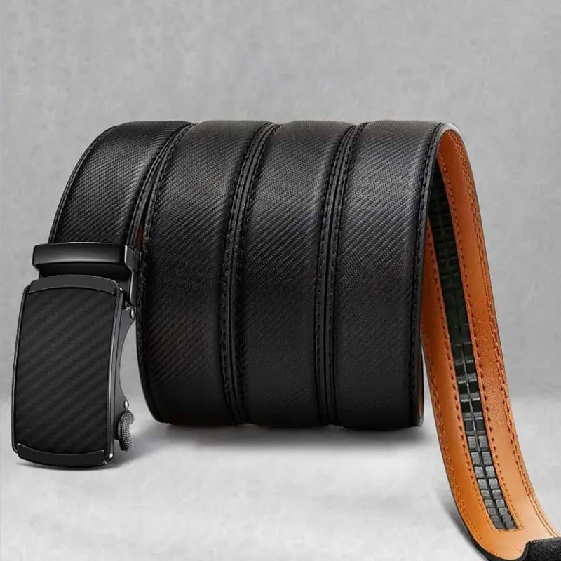 Leather ratchet belt with adjustable buckle from Arenzza, ideal for fathers, featuring a sleek black leather strap and modern design.