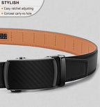 Arenzza leather ratchet belt with adjustable buckle, stylish men’s clothing accessory in black leather, ideal for fathers.