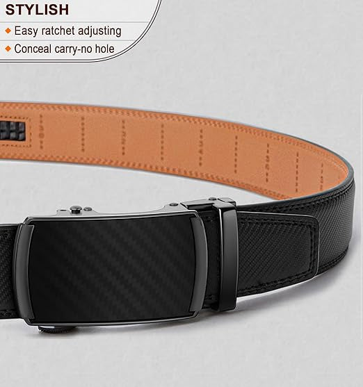 Arenzza leather ratchet belt with adjustable buckle, stylish men’s clothing accessory in black leather, ideal for fathers.