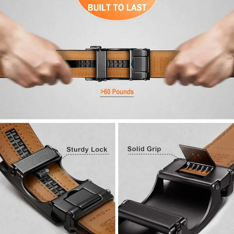 Arenzza leather ratchet belt with adjustable buckle, stylish men's accessory in black leather for everyday wear.