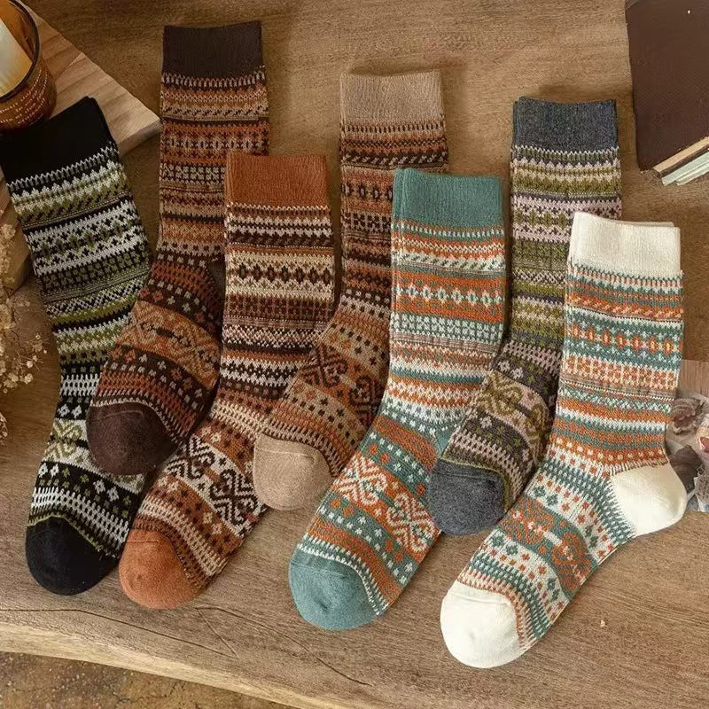 A pair of retro ethnic style socks by Arenzza featuring vibrant patterns and traditional design, perfect for casual wear.
