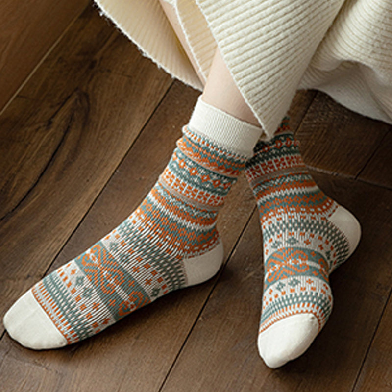 A pair of retro ethnic style socks by Arenzza featuring colorful, intricate patterns suitable for casual wear.