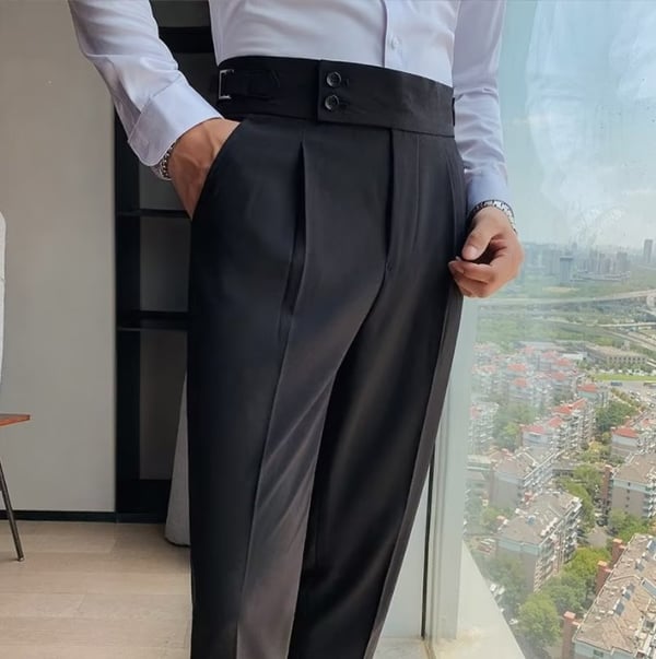 A pair of men's solid color straight casual trousers by Arenzza, displayed flat with front and back views.