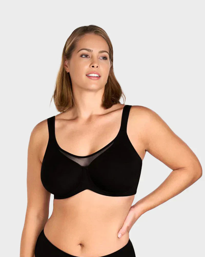 A black plus-size Arenzza full coverage minimizer bra with sheer, elegant design and cooling fabric for women.