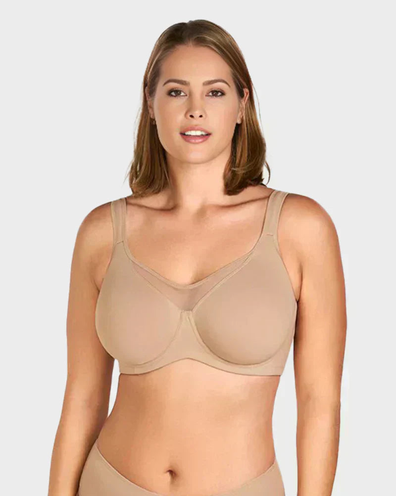 Aarenza women's plus size sheer full coverage minimizer bra in skin tone, designed for elegance and comfort.