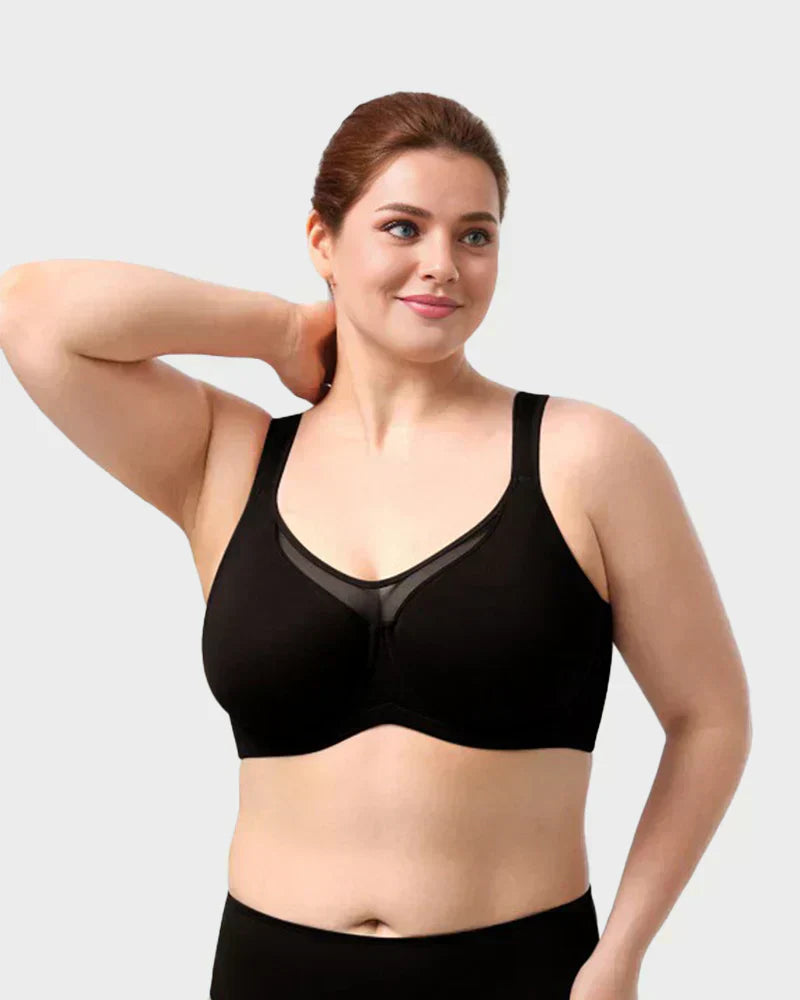 Aarenza women's black plus size sheer full coverage minimizer bra, elegant design with supportive fit and smooth fabric.