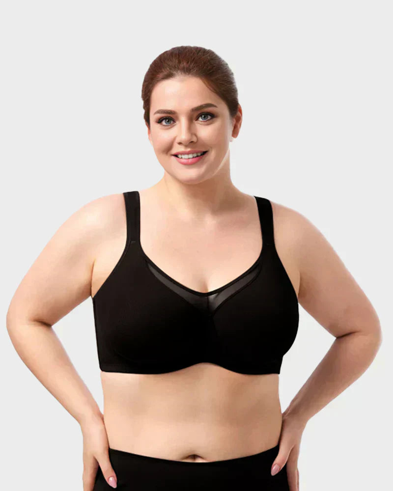 A black plus size women's sheer full coverage minimizer bra from Arenzza with supportive design and smooth fabric.