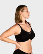 A black plus size women's full coverage minimizer bra by Arenzza, designed for comfort and elegant sheer full coverage.