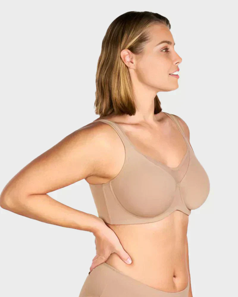 Aarenzza women's plus size sheer full coverage minimizer bra in skin tone, offering comfortable support and elegant design.