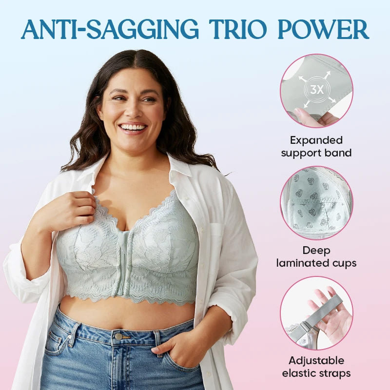 Aarenza women's front closure lace posture support bra showing lace details, supportive straps, and front hook closure.