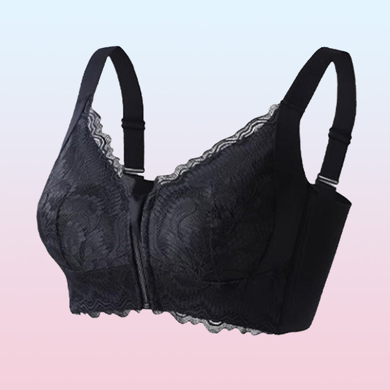 A women's Arenzza lace posture support bra with front closure, designed for comfort and support, featuring delicate lace details.