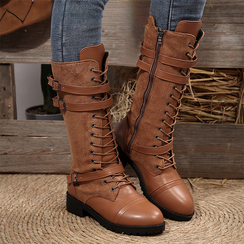 Women's vintage combat boots with laces and buckle from Arenzza, featuring rugged leather and stylish ankle design.